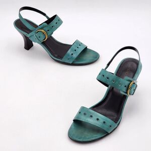 Aerosoles Buckle Perforated Leather Straps Heeled Sandals Turquoise Blue Size 9